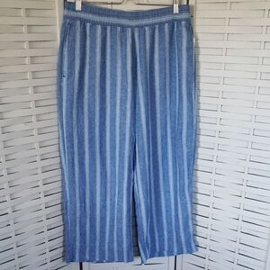 Blue Linen Blend Wide Leg Elastic Waist Striped Pants New Size